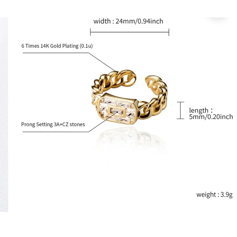 Unisex 14k Gold Filled Chain Rectangle Simulated‎ Diamond Ring, Adjustable NEW